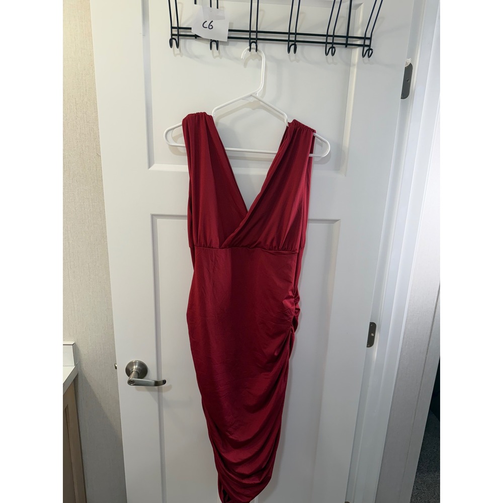 Lyaner Womens Red V Neck Ruched Bodycon Midi Dress XL Sleeveless Cocktail Wrap